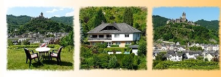Blick auf die Reichsburg Cochem und unser Haus mit der Ferienwohnung